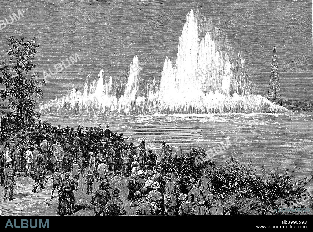 Blowing up Flood Rock, 1885. The rock was part of the Hell Gate Rocks complex which prevented large vessels reaching New York Harbour, and presented a hazard to smaller ones. Dynamite was the explosive used. From The Illustrated London News. (London, October 1885).