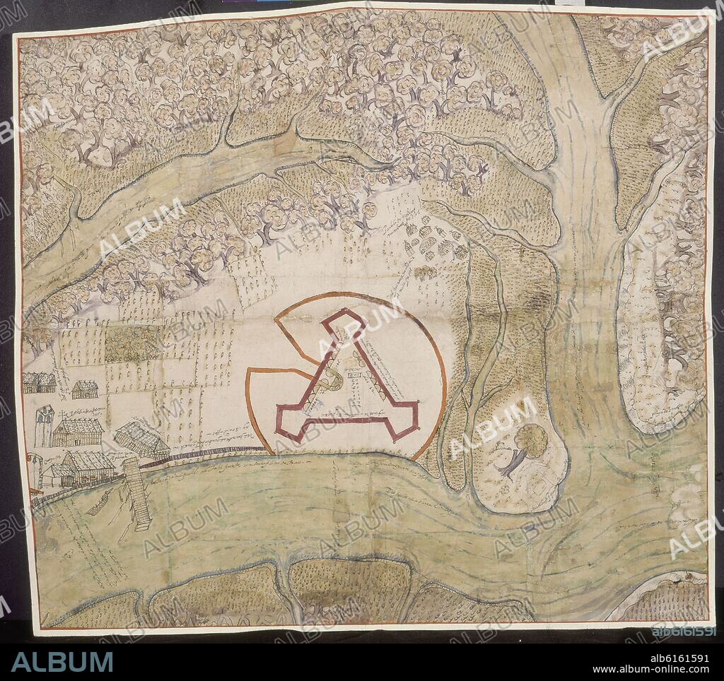 MAPA-PUEBLO Y FUERTE DE SAN AGUSTIN-FLORIDA-1595-CARTOGRAFIA SIGLO XVI.