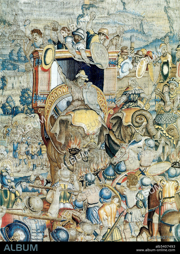 Detail from the Battle of Zama. Hannibal (247-183/182 BC) was a Carthaginian military commander and tactician. At the outbreak of the Second Punic War, he marched an army and war elephants, from Iberia over the Pyrenees and the Alps into northern Italy. Hannibal occupied much of Italy for 15 years, but a Roman counter-invasion of North Africa forced him to return to Carthage, where he was defeated at the Battle of Zama by Publius Cornelius Scipio Africanus.  Brussels tapestry, silk and wool, 1540s.