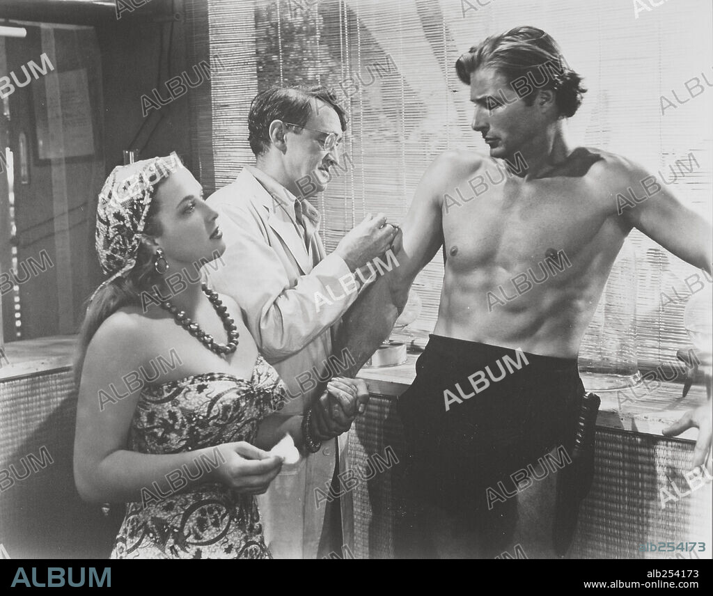 ARTHUR SHIELDS, DENISE DARCEL and LEX BARKER in TARZAN AND THE SLAVE GIRL, 1950, directed by LEE SHOLEM. Copyright RKO.