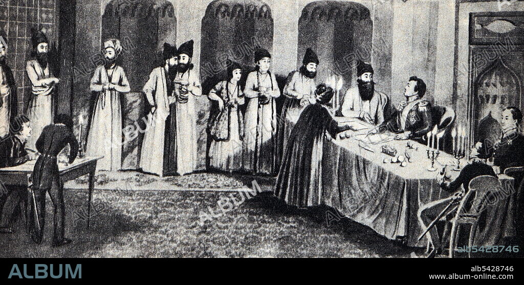 1882. Conclusion of peace between Russia and Iran. Second from the right is A. S. Griboyedov. ' Griboedov or Sergeyevich Griboyedov; 15 January 1795 - 11 February 1829, formerly Romanised as Alexander Sergeyevich Griboyedoff, was a Russian diplomat, playwright, poet, and composer. He is recognized as homo unius libri, a writer of one book, whose fame rests on the verse comedy Woe from Wit or The Woes of Wit. He was Russia's ambassador to Qajar Persia, where he and all the embassy staff were massacred by an angry mob as a result of the rampant anti-Russian sentiment that existed through Russia's imposing of the Treaty of Gulistan (1813) and Treaty of Turkmenchay (1828), which had forcefully ratified for Persia's ceding of its northern territories comprising Transcaucasia and parts of the North Caucasus. Griboyedov had played a pivotal role in the ratification of the latter treaty.