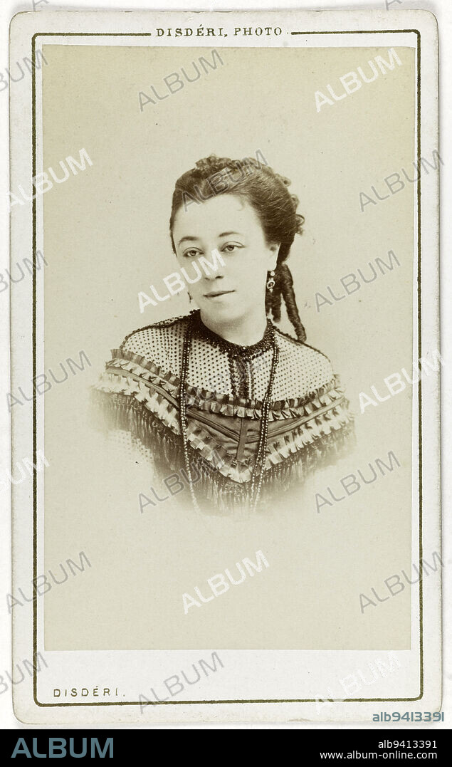 Portrait of a minor, actress., Disdéri, André-Adolphe-Eugène, Photographer, Between 1860 and 1890, 2nd half of the 19th century, Photography, Graphic arts, Photography, Albumen paper print, Dimensions - Work: Height: 8.9 cm, Width: 5.4 cm, Dimensions: Height: 10.5 cm, Width: 6.4 cm.