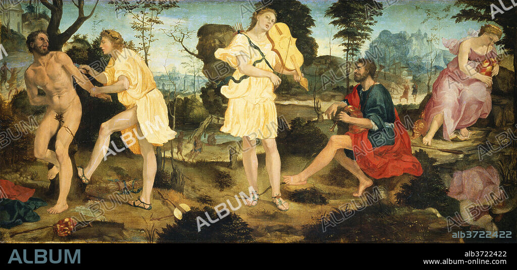 MICHELANGELO ANSELMI. Apollo and Marsyas. Dated: c. 1540. Dimensions: overall: 55.9 x 117 cm (22 x 46 1/16 in.)  framed: 75.6 x 136.2 x 8.6 cm (29 3/4 x 53 5/8 x 3 3/8 in.). Medium: oil on panel.
