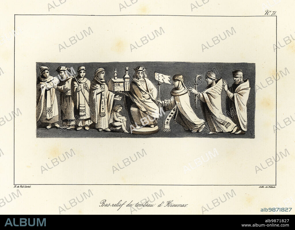 Bas-relief from the tomb of Hincmar (806-882), Archbishop of Reims and adviser to Charles the Bald, Carolingian Emperor, 823-877.. From the Cathedrale Notre-Dame de Reims, bas-relief destroyed in 1793. Bas-relief du tombeau dHincmar. Tinted lithograph by Villain after an illustration by Horace de Viel-Castel from his Collection des costumes, armes et meubles pour servir à l'histoire de la France (Collection of costumes, weapons and furniture to be used in the history of France), Treuttel & Wurtz, Bossange, 1827.