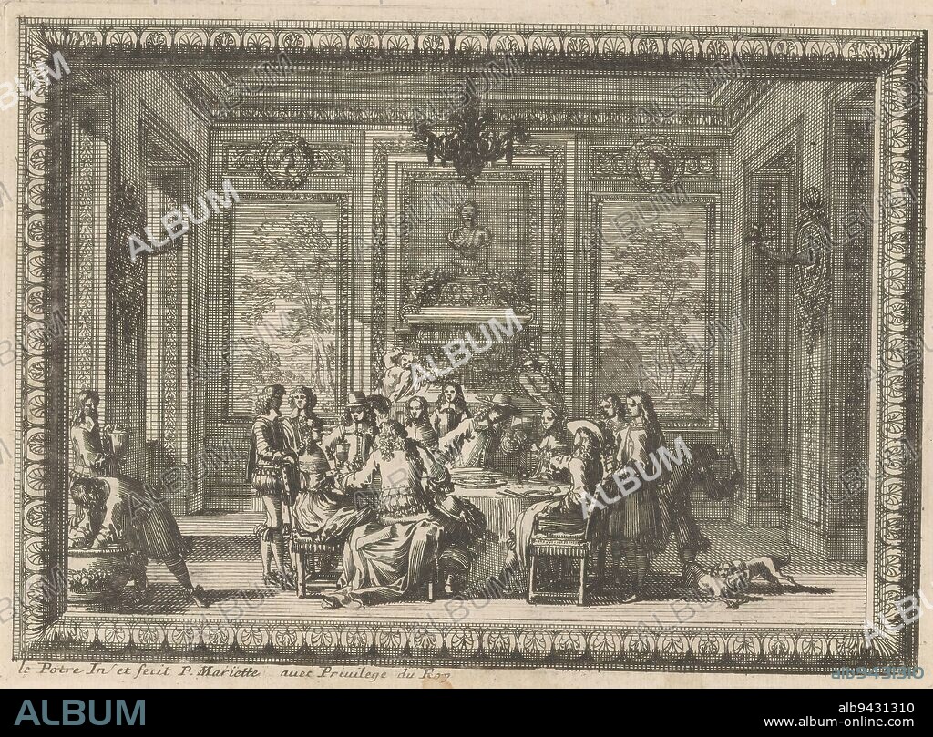 People eating and drinking at table, Fireplaces and wood paneling in interiors (series title), Interior with wood paneling, tapestries and a fireplace. In the foreground, a group of people are seated at a table., print maker: Jean Lepautre, (mentioned on object), after own design by: Jean Lepautre, (mentioned on object), publisher: Pierre Mariette (II), (mentioned on object), Paris, 1658 - 1670, paper, etching, height 152 mm × width 211 mm.