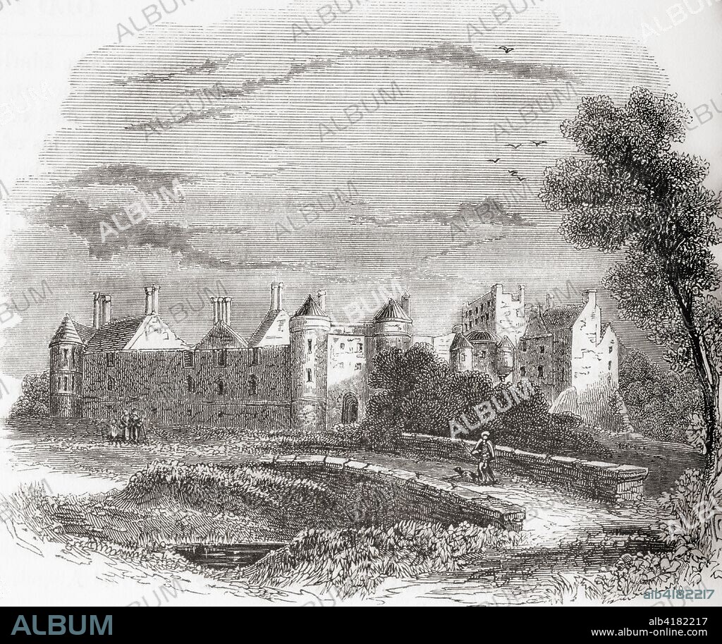 Seton Castle, Seton, Scotland built on the site of Seton Palace which was a popular retreat for Mary, Queen of Scots before being demolished in 1789.  From Old England: A Pictorial Museum, published 1847.
