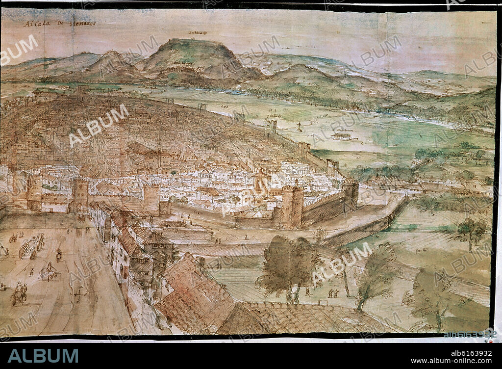 ANTON VAN DEN WYNGAERDE 1512 O. ALCALA DE HENARES - 1565 - DIBUJO - AGUADA - 395x1000mm - URBANISMO RENACENTISTA.