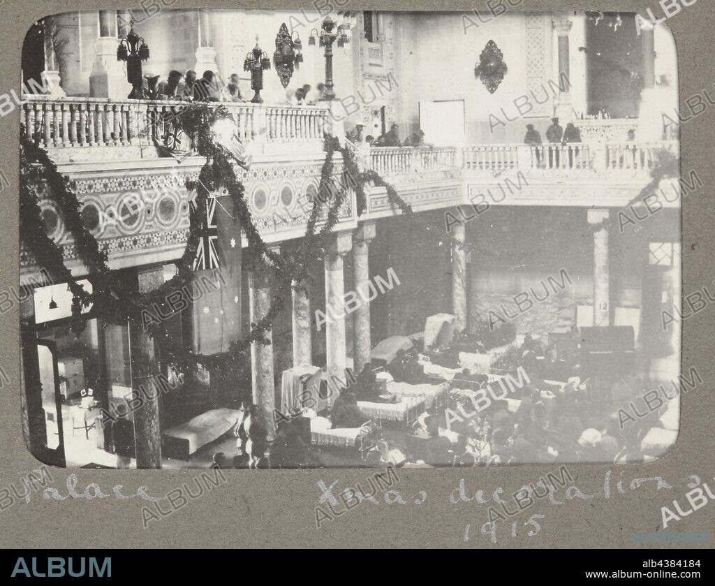 Digital Image - Interior of Heliopolis Palace Used as Hospital, 1st AGH, Egypt, Dec 1915, Digital image of a photograph from an album compiled by Sister Selina Lily (Lil) Mackenzie, documenting life as an Australian nurse during World War I. Lil nursed at the 1st Australian General Hospital (AGH) from October 1915 to January 1917. The 1st AGH was located in the Heliopolis Palace Hotel on the north-eastern edge of Cairo.