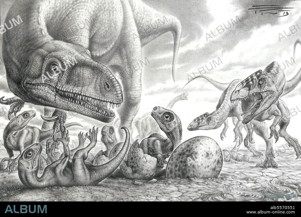 A pair of Megapnosaurus dinosaurs threaten Massospondylus babies and its parent. Graphite on vellum.