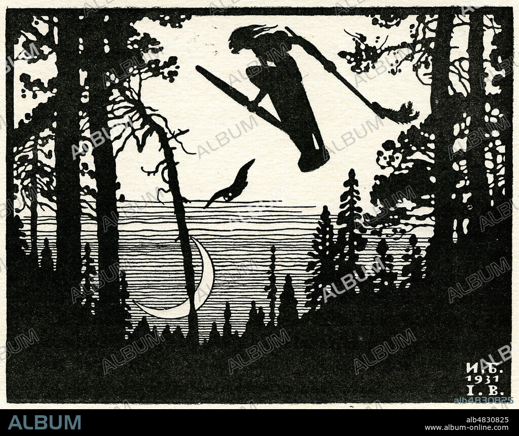 La BABA YAGA qui vole dans son mortier et se dirige avec son pilon. Illustration de Ivan BILIBINE (1976-1942) en 1930 et 1931, pour Contes de l'ISBA, ed BOIVIN, 1931. Credit COllection KHARBINE TAPABOR.