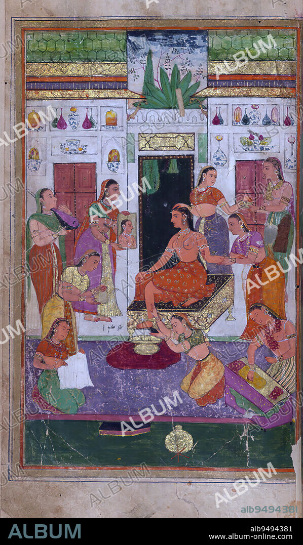 Illuminated Manuscript, Collection of poems (masnavi), Maidens bathe a princess who inspects herself in a mirror, This is an illustrated and illuminated copy of the collection of poems, known as Masnav-i manav, of Jall al-Dn Rm (d. 672 AH / 1273 CE). According to the colophon, the text, written in black nastalq script, was completed in India in 1073 AH / 1663 CE. Each section of the work is introduced by a double-page illuminated incipit containing a preface in prose, followed by two illustrations and an illuminated incipit page for the masnavi. In total, fifty paintings illustrate the text. The green leather binding is modern.