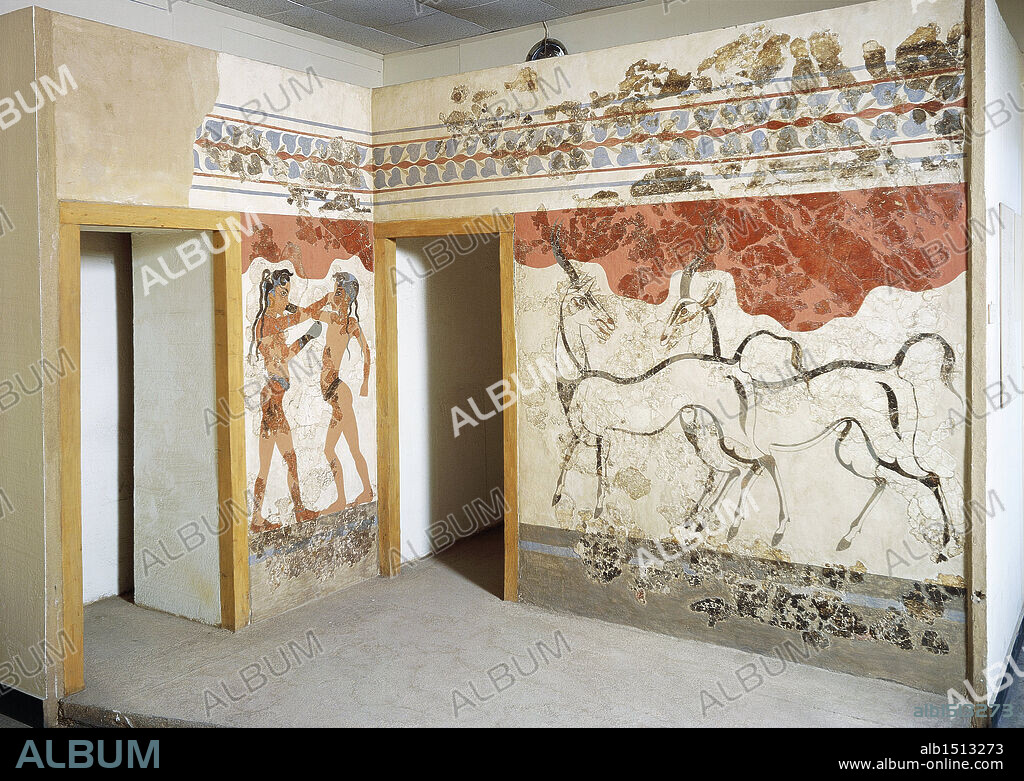 Greek civilization, 16th century b.C. Frescoes depicting antelopes and young boxers. From Akrotiri, Thera, Santorini, Greece.