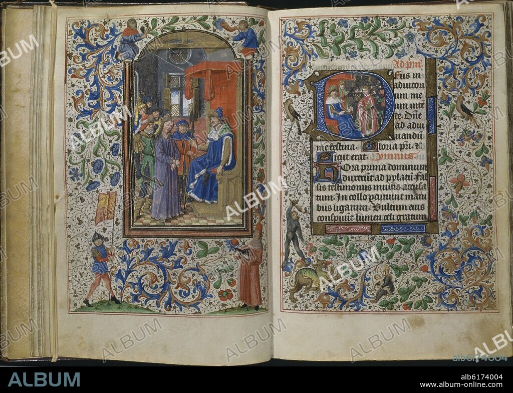 LIBRO DE HORAS SEGUN EL USO DE ROMA - FLANDES - SIGLO XV - IZQUIERDA: JESUS ANTE PILATOS - DERECHA: LETRA CAPITULAR CON REY.