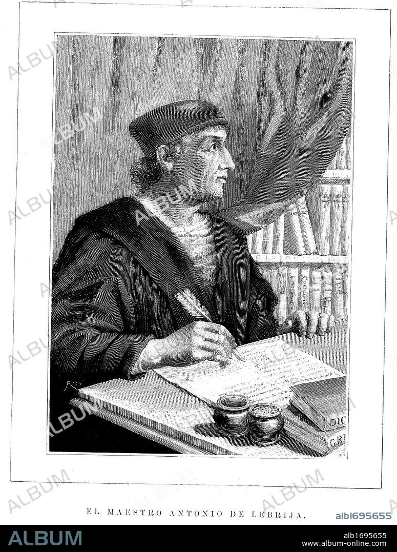 España. Antonio de LEBRIJA o NEBRIJA (Lebrija, Sevilla, 1441-Alcala de Henares, 1522). Maestro humanista. Pionero en la redacción de una gramática en 1492 y un diccionario latino español ese mismo año y el español-latino hacia 1494Grabado de 1892.