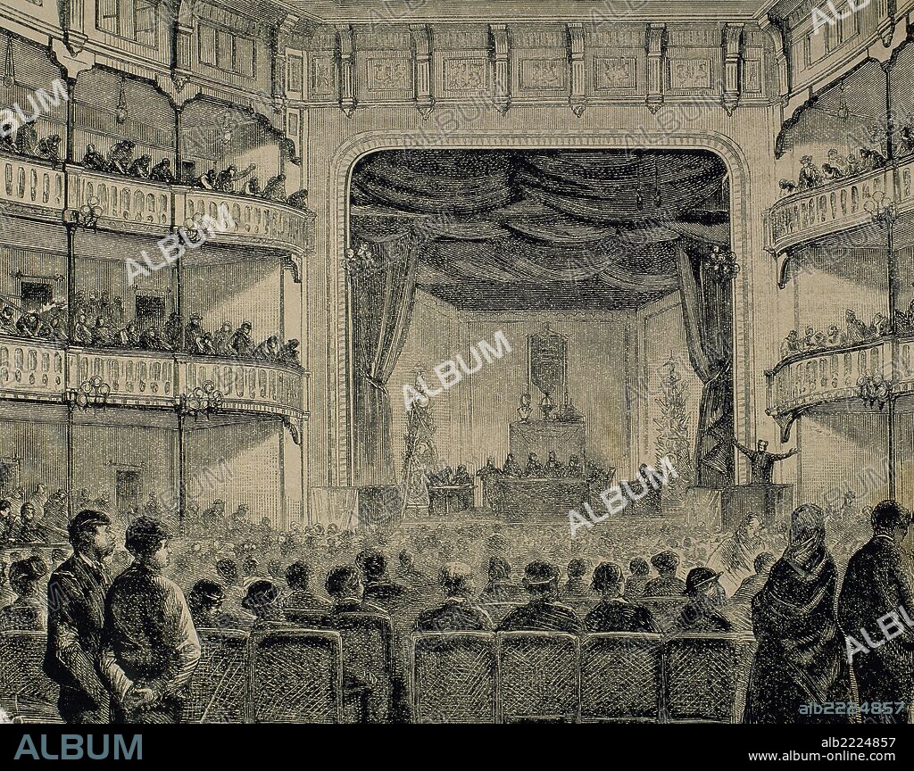 CONGRESO OBRERO DE BARCELONA. Grabado por Padró. "La Ilustración Española y Americana", año 1870.