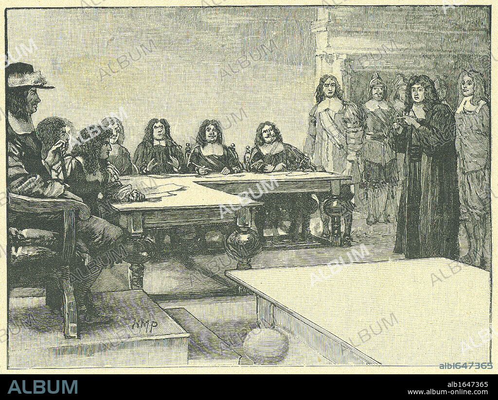 Titus Oates (1649-1705) interrogated by the King's Council, 28 September 1678. Oates was the inventor of the Popish Plot, a supposed Roman Catholic conspiracy to kill Charles II. On his false evidence up to 15 people were executed and many other imprisoned under suspicion. Engraving.