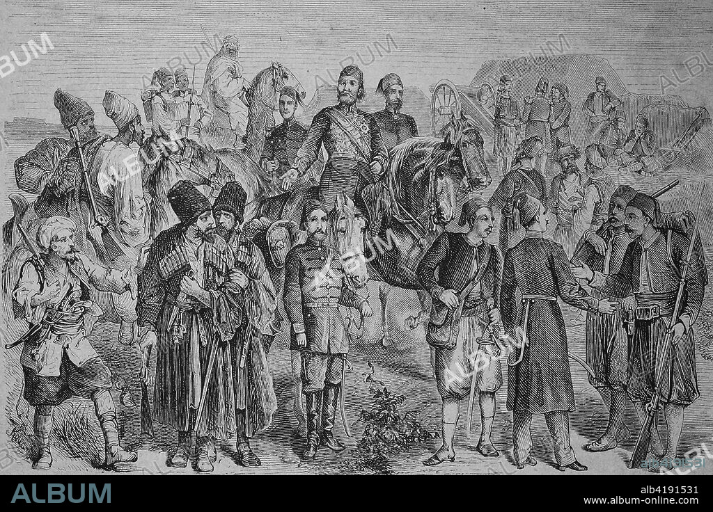 Historical illustration showing the uniforms of the turkish army in the year 1875, Turkey, Digital improved reproduction from an original print from 1888.