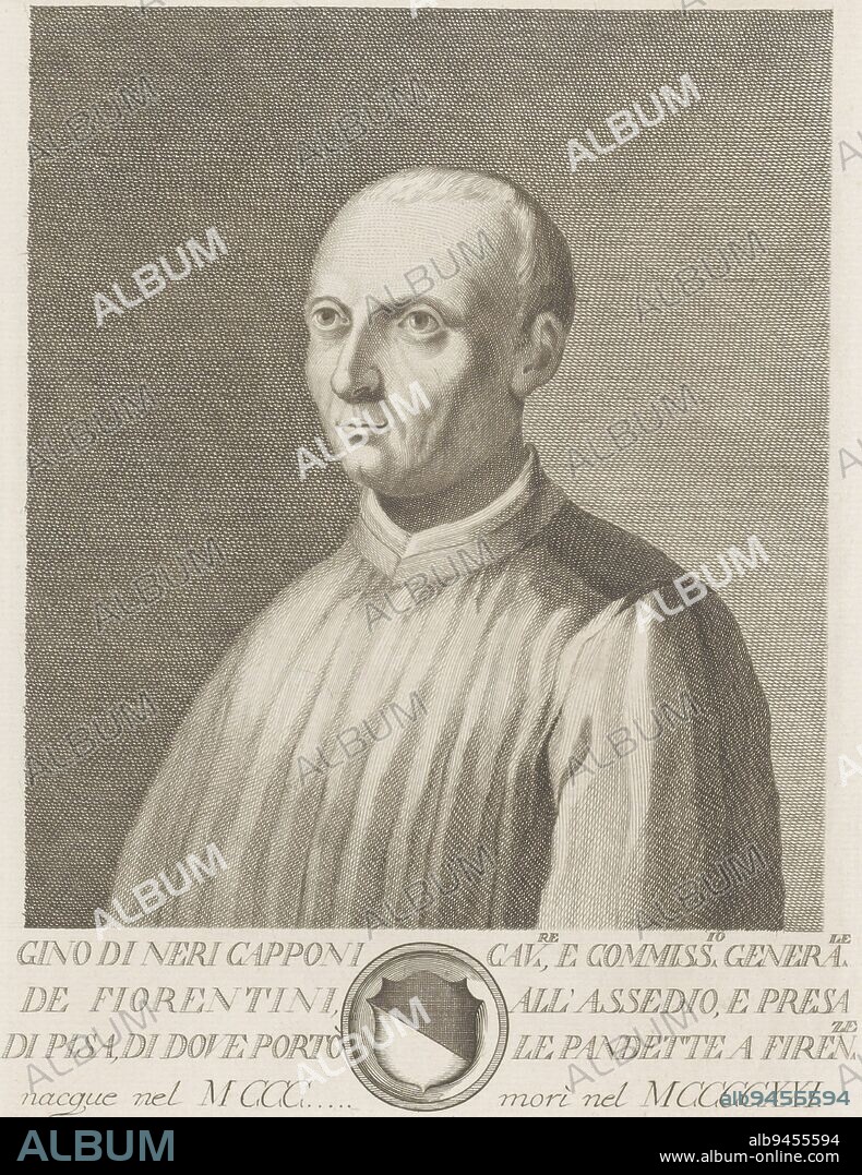 Portrait of Gino di Neri Capponi in the lower half Below the portrait a text in Italian and a coat of arms in a circular frame, Portrait of Gino di Neri Capponi Portraits of famous Italians with coat of arms in lower margin , print maker: Francesco Allegrini, (mentioned on object), intermediary draughtsman: Giuseppe Piattoli, (mentioned on object), Gino Clemente Capponi, (mentioned on object), Italy, 1762, paper, engraving, h 295 mm × w 195 mm.