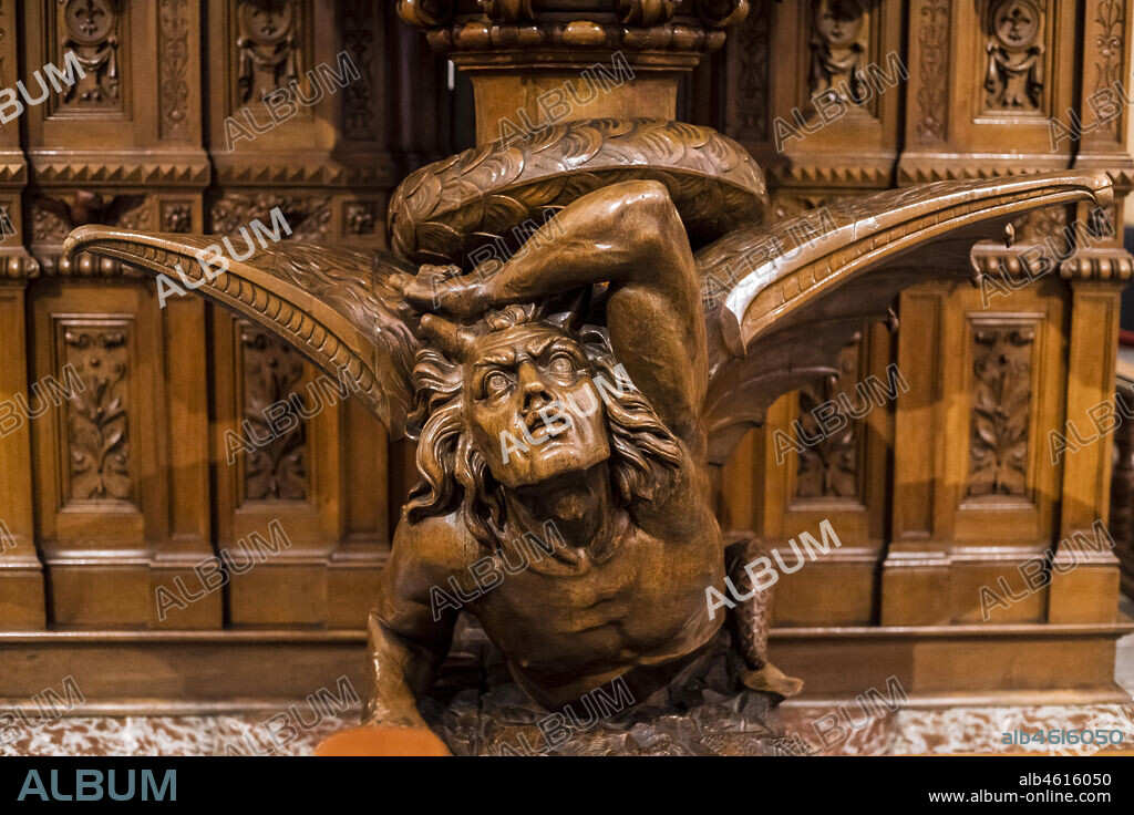 Interior of the cathedral of Arequipa,wooden pulpit representing the devil, Charles Buisine-Rigot in Lille (France 1878) . Arequipa city, Peru,.