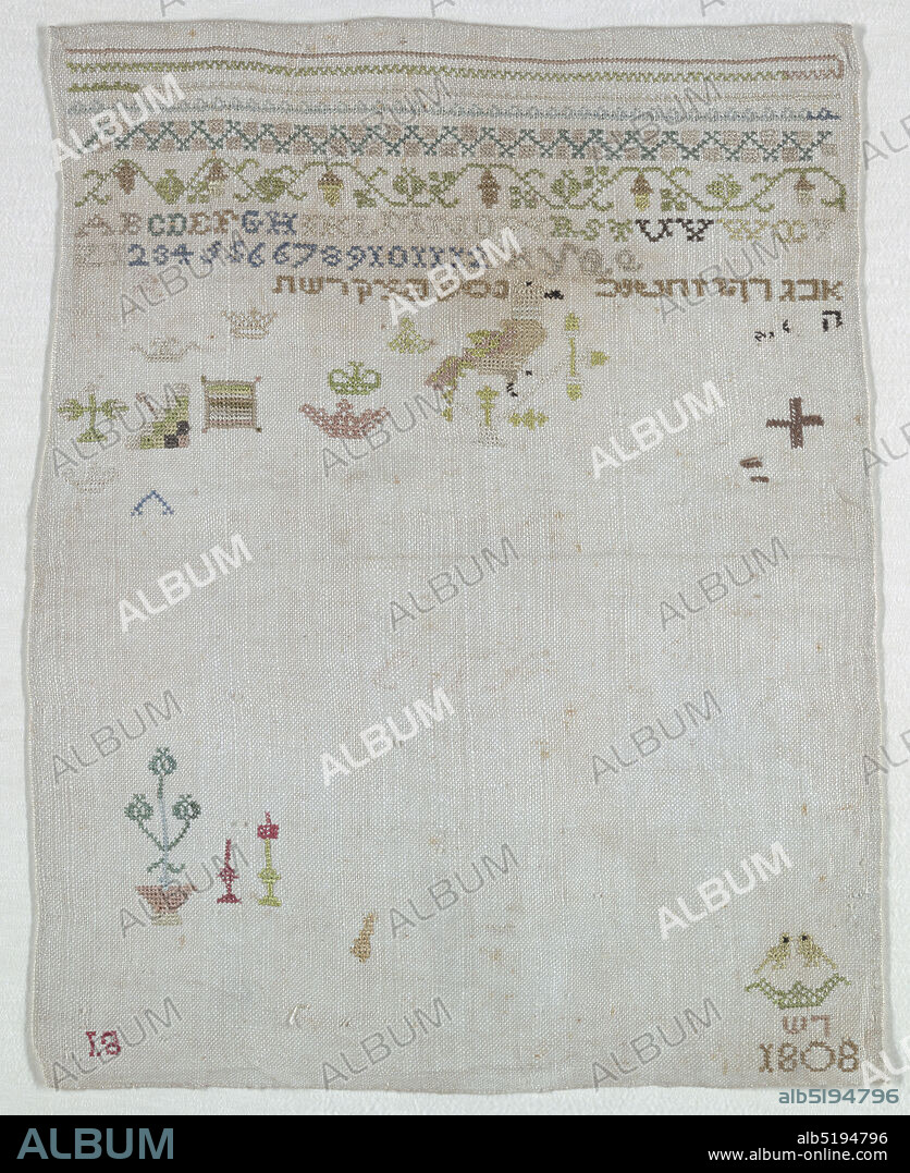 Sampler, Medium: silk embroidery on linen foundation Technique: embroidered in cross stitches on plain weave foundation, Bands of pattern, Arabic alphabet, and Hebrew letters., Germany, 1808, embroidery & stitching, Sampler.