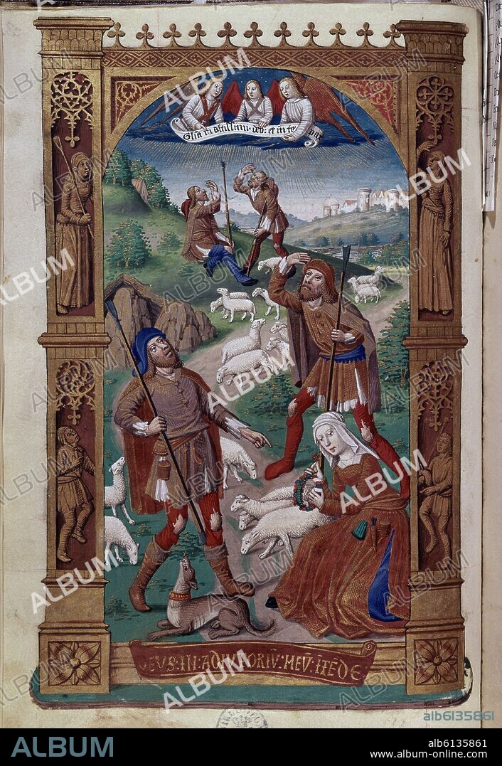 JACQUES DE BESANÇON (S XV)-COPISTA. ANUNCIO A LOS PASTORES-LIBRO DE HORAS DE CARLOS VIII DE FRANCIA-1483/98- MINIATURA FRANCESA S XV.