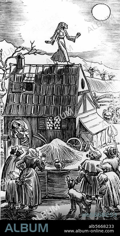 Schlaf / Schlafwandler. Die mondsüchtige Annie Breuel wandelt auf dem Dachfirst entlang. (Am 20. Sept. 1473 wurde Annie Breuel in einem Vorort von Lille beim Schlafwandeln vom Geschrei der herbeigeeilten Bauern geweckt u. fiel vom Dach direkt in deren Heugabeln u. Sensen). Illustration.