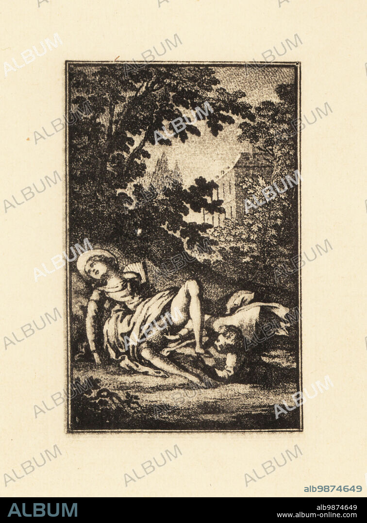 A gentleman masturbating a clothed woman under her petticoats in the garden of a chateau, 18th century. Copperplate engraving heliogravure by Francois Rolland Elluin after Antoine Borel from Jean-Charles Gervaise de Latouches Memoiren des Saturnin, von ihm selbst Niedergeschreiben, Privatdruck, Liepzig, 1911. Also known as Le Portier des Chartreux, it was one of several erotic novels written by Latouche, 1715-1782, a lawyer at the Paris Parliament.