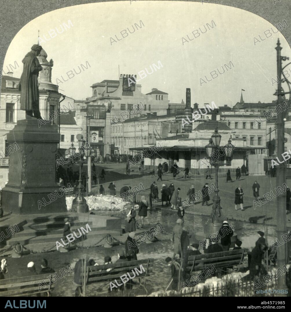'The Pushkin Monument in the Strastnaya Plochad, Moskva (Moscow), U.S.S.R. (Russia)', c1930s. Monument of Alexander Pushkin in Pushkinskaya Square, Tverskoy, Moscow. From "Tour of the World". [Keystone View Company, Meadville, Pa., New York, Chicago, London].