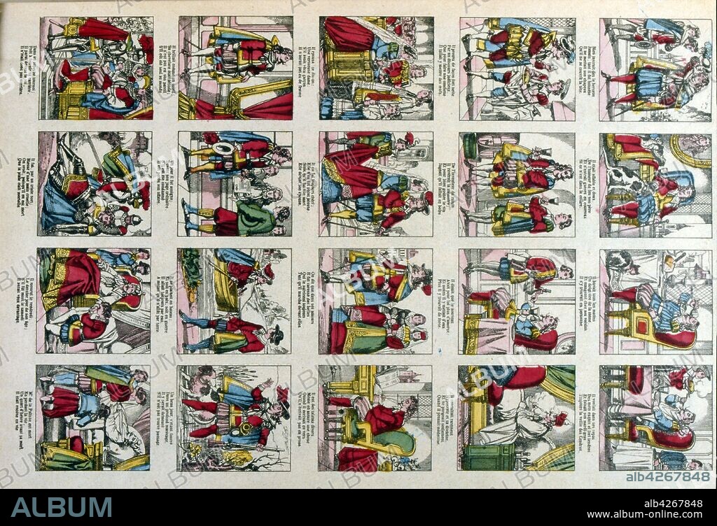 Mr Palisse, a series of 'Epinal images created by Imagerie Pellerin, France 1860. Jean-Charles Pellerin (1756-1836), French draftsman, illustrator and printer. He is famous for the images of epinal which he composed since the Revolution and which he printed himself from 1800. Succeeding his father, he took in 1773 the direction of the "Factory of Pellerin" 3. From 1796, he expanded his activity and created the "Imagerie Pellerin". As early as 1800, he started a small business, a real imaginary industry, which later became known as Imagerie d'epinal. Charles Nicolas Pellerin (1827-1887), his grandson, launched the collection of "constructions": cardboard models to cut and assemble - an aspect of the production of the little-known Imagerie d'Epinal.