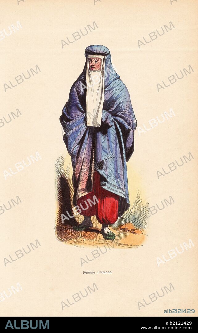Persian woman in burqa with window veil, worn over pantaloons and slippers. Handcoloured woodcut by Pannemaker and Lisbet after an illustration by H. Hendrickx from Auguste Wahlen's "Moeurs, Usages et Costumes de tous les Peuples du Monde," Librairie Historique-Artistique, Brussels, 1845. Wahlen was the pseudonym of Jean-Francois-Nicolas Loumyer (1801-1875), a writer and archivist with the Heraldic Department of Belgium.