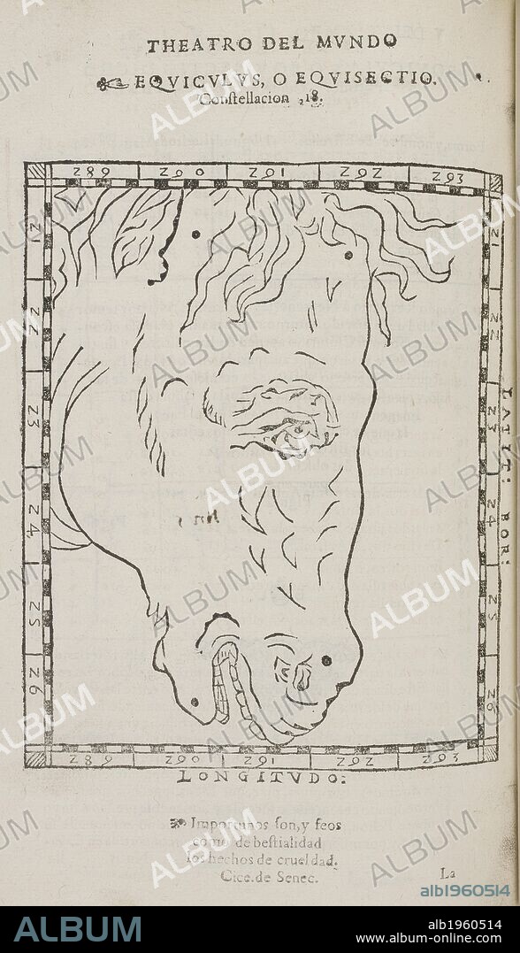 MIGUEL PEREZ. Equiculus the horse.  An illustration of a star constellation from a 17th astronomy record. Aeritonio agitator auriga o Heniochus, lo mesmo que cochero, o carretero. Constelacion. Granada Spain. Perez, Miguel. Aeritonio agitator auriga o Heniochus, lo mesmo que cochero, o carretero. Constelacion. Source: 531.m.9 285v. Language: Spanish.