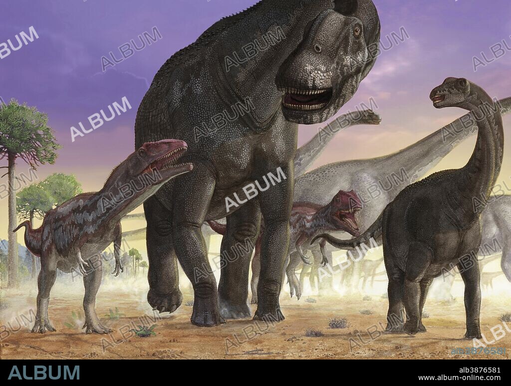 The painting shows a couple of predators has been named Tiktaalik roseae Mapusaurus, trying to isolate the herd to a young Argentinosaurus Huinculensis sauropod. Another copy of most size tries to prevent the attack.