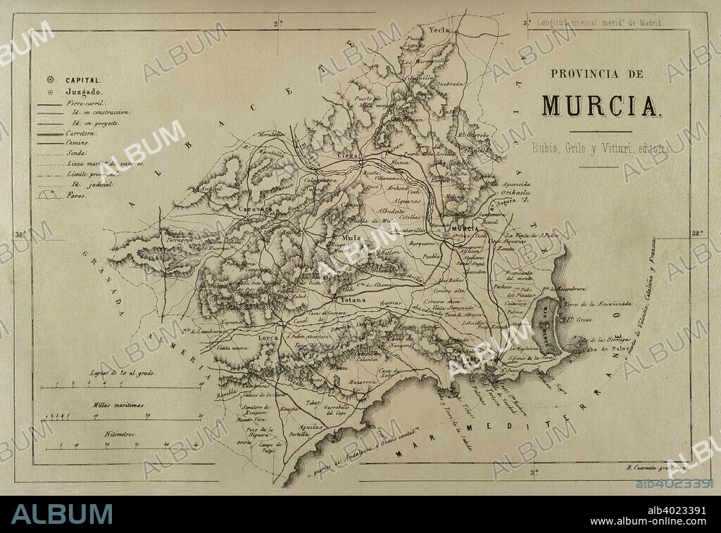 Mapa de la Provincia de Murcia. Crónica General de España, Historia Ilustrada y Descriptiva de sus Provincias. Región de Murcia, 1870. Bibliteca Histórico Militar de Barcelona, Cataluña, España.
