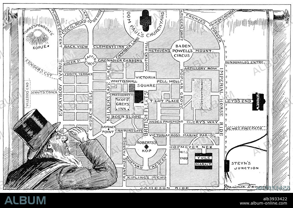 President Kruger looking at a plan of the New Pretoria, 1900. Satirical cartoon showing Boer leader Paul Kruger, President of the South African Republic (Transvaal), looking at a street map of his capital city, Pretoria, with the street names changed to reflect the fact that the British had captured it. Pretoria actually fell to the British on 5th June 1900. A print from Black and White Budget Vol III, WJP Monckton, London, May 12th 1900.