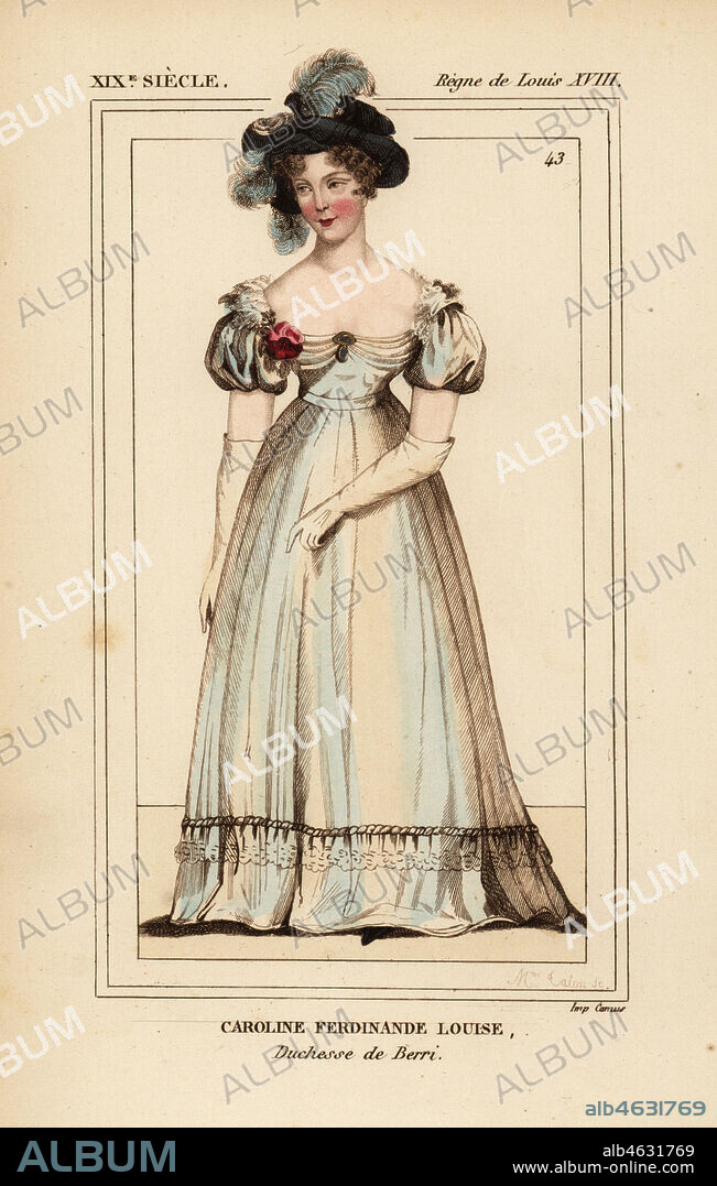 Marie-Caroline de Bourbon-Sicile, Duchess of Berry, Caroline Ferdinande Louise, Duchesse de Berri 1798-1870. Handcoloured lithograph by Madame Calon from Le Bibliophile Jacob aka Paul Lacroix's Costumes Historiques de la France (Historical Costumes of France), Administration de Librairie, Paris, 1852.