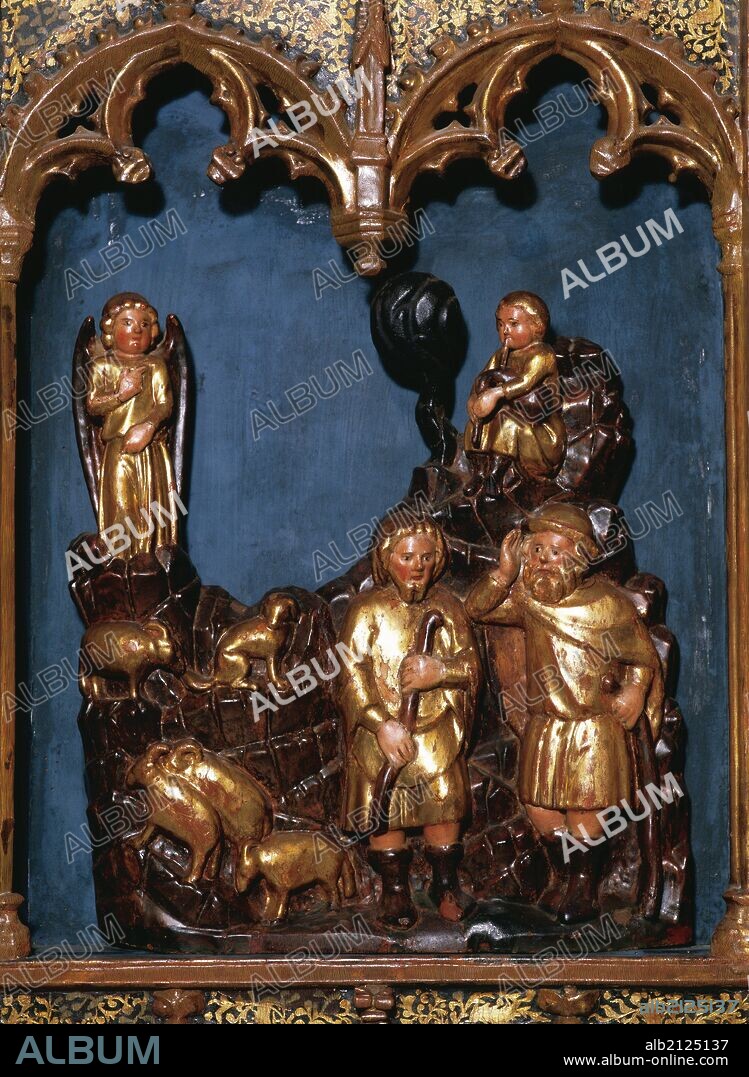 ARTE GOTICO. ESPAÑA. " RETABLO DE LA VIRGEN DE LA ESTRELLA". Obra gótica realizada en el siglo XIV. Detalle con la representación de "LA ANUNCIACION DE LOS PASTORES". Catedral de Tortosa. Comarca del Baix Ebre. Provincia de Tarragona. Cataluña.