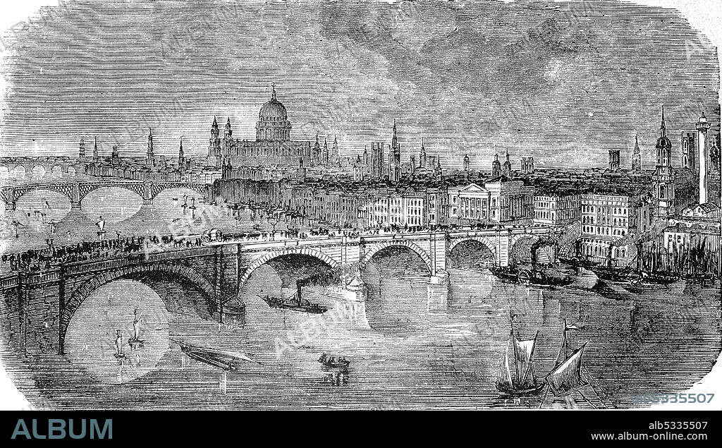 The new London Bridge over the Thames, 1885, England  /  Die neue London Brücke über die Themse, 1885, England, Historisch, historical, digital improved reproduction of an original from the 19th century / digitale Reproduktion einer Originalvorlage aus dem 19. Jahrhundert.
