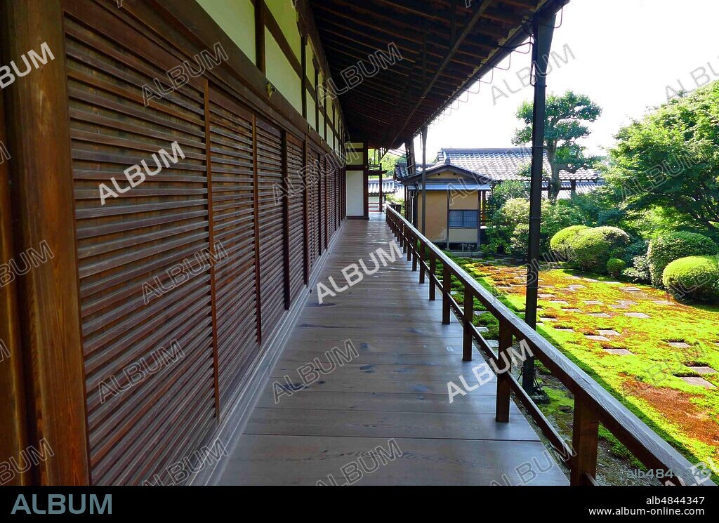 Saiho-ji, Rinzai Zen, Buddhist temple, Kyoto, Japan. The temple, which is famed for its moss garden, is commonly referred to as "Koke-dera" was, primarily constructed to honor Amitabha. In 1994, Saiho-ji was registered as a UNESCO World Heritage Site. The main hall of the temple, known as Sairai-do was reconstructed in 1969. The paintings on the sliding doors are the work of Insho Domoto.