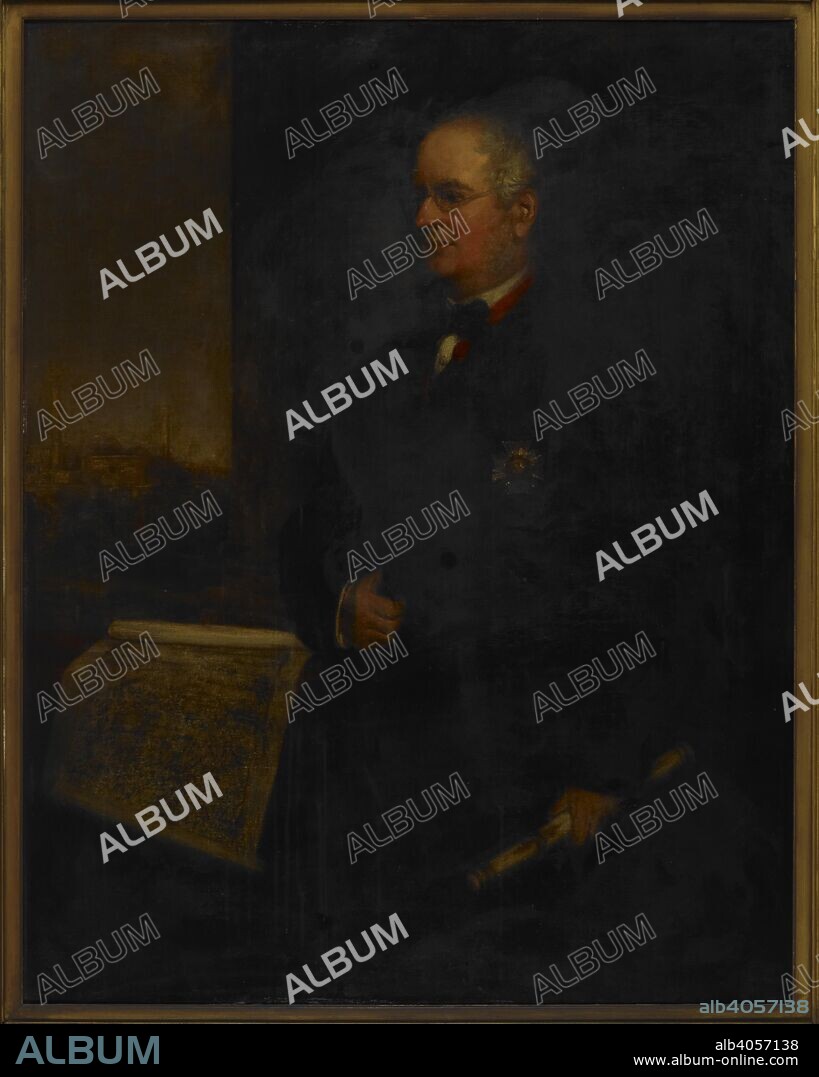 ARTHUR D. RENDALL. Sir Robert Montgomery (1809-87) c.1891, from the original of c.1866. A three-quarter length portrait, the subject standing and facing left. He is plainly dressed in a dark frock-coat; a red cordon supporting the badge of the Bath, the star of the same order upon his breast. On the table to the left lies an address from the principal residents in Lahore, presented to Montgomery upon his retirement; the carved ivory case in which the address was enclosed is seen in his left hand. In the background is the mosque of Dai Anga, the nurse of Shah Jahan, by whom it was erected at Lahore in 1635. c. 1891. Oil painting. 56 by 44 ins (142.5 by 112 cms). Source: Foster 246.