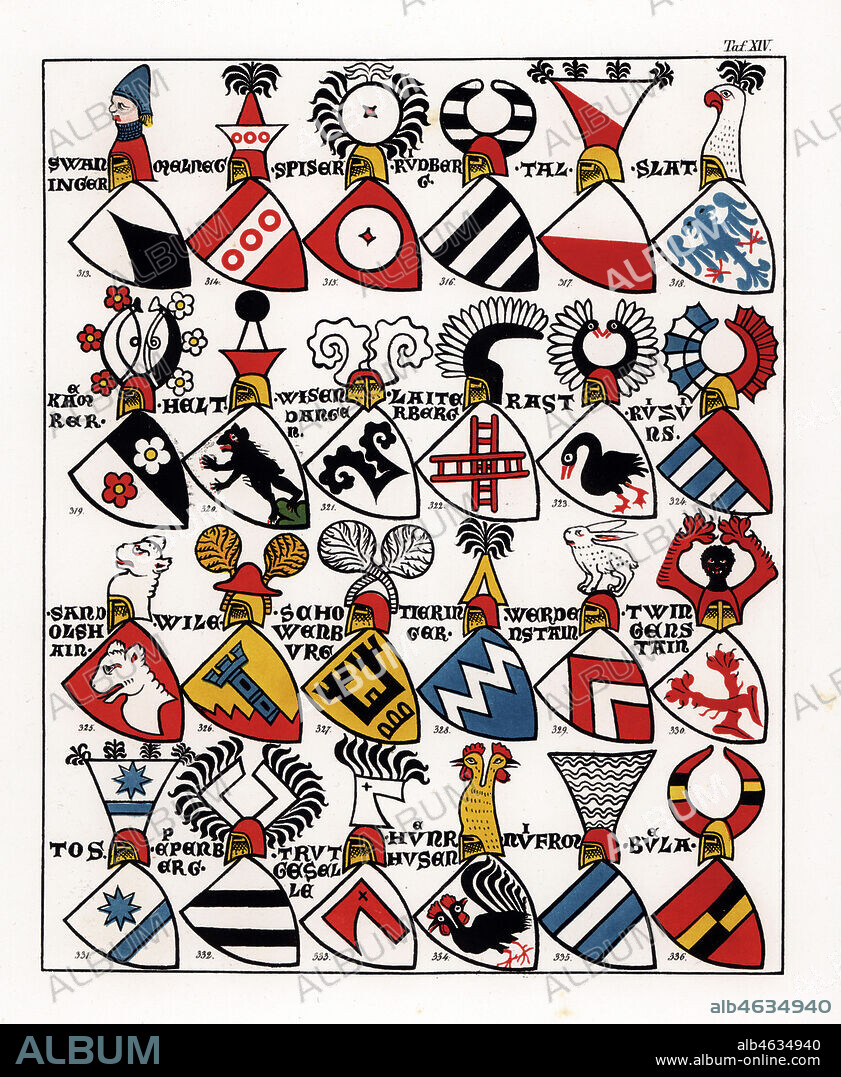 Swiss coats of arms, c. 1340. Chromolithograph by A. Graeter from Die Wappenrolle von Zurich, The Zurich Armorial, Antiquarische Gesellschaft in Zurich, 1860. Reprint of a 14th century manuscript roll of arms showing the heraldry of the Holy Roman Empire with 559 coats of arms and 28 flags of bishoprics in Switzerland.