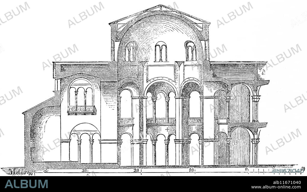 Cross-section of the church of St Vitale in Ravenna, Basilica di San Vitale, Italy, historical illustration 1880