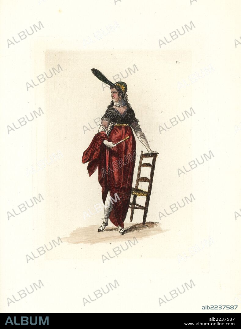 Costume of Madame Peters, merveilleuse. She wears an English Jockey hat with huge brim, a dress in redcurrant-coloured florence, a black lace scarf "a la Marie-Antoinette" over a blue silk bodice. Handcoloured etching by Auguste Etienne Guillaumot Jr. from "Costumes of the Directory," Rouquette, Paris, 1875. The etchings were made from designs by Eugene Lacoste and Draner after prints of the era 1795-99. The costumes are from theatre productions "Merveilleuses" and "Pres Saint-Gervais" by Victorien Sardou.