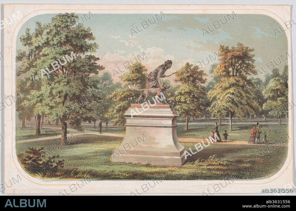 Central Park, Statue of the Indian Hunter. Artist: Anonymous, American, 19th century; Sculpted by John Quincy Adams Ward (American, Urbana, Ohio 1830-1910 New York). Dimensions: image: 4 13/16 x 8 in. (12.3 x 20.3 cm)
sheet: 5 9/16 x 8 7/16 in. (14.1 x 21.5 cm). Series/Portfolio: Manual of the Corporation of the City of New York. Date: 1869.
In 1869, a committee of public spirited New Yorkers raised funds for a monumental new bronze cast of Ward's famous sculpture, then presented the work to the commmissioners of Central Park. This lithograph appeared in the city's annual report, and shows the sculpture on its pedestal admired by strolling families. The contributors noted that, "both in Europe and America [Ward's work]...justly ranks as among the best examples of the plastic art for its bold and vigorous treatment, and its truthful delineation....truly American in subject...admirably executed by one of our native and most celebrated sculptors. We trust it may find a fitting place in the great Park which is so much admired and appreciated, not only by our own citizens, but by all who visit the great metropolis.".