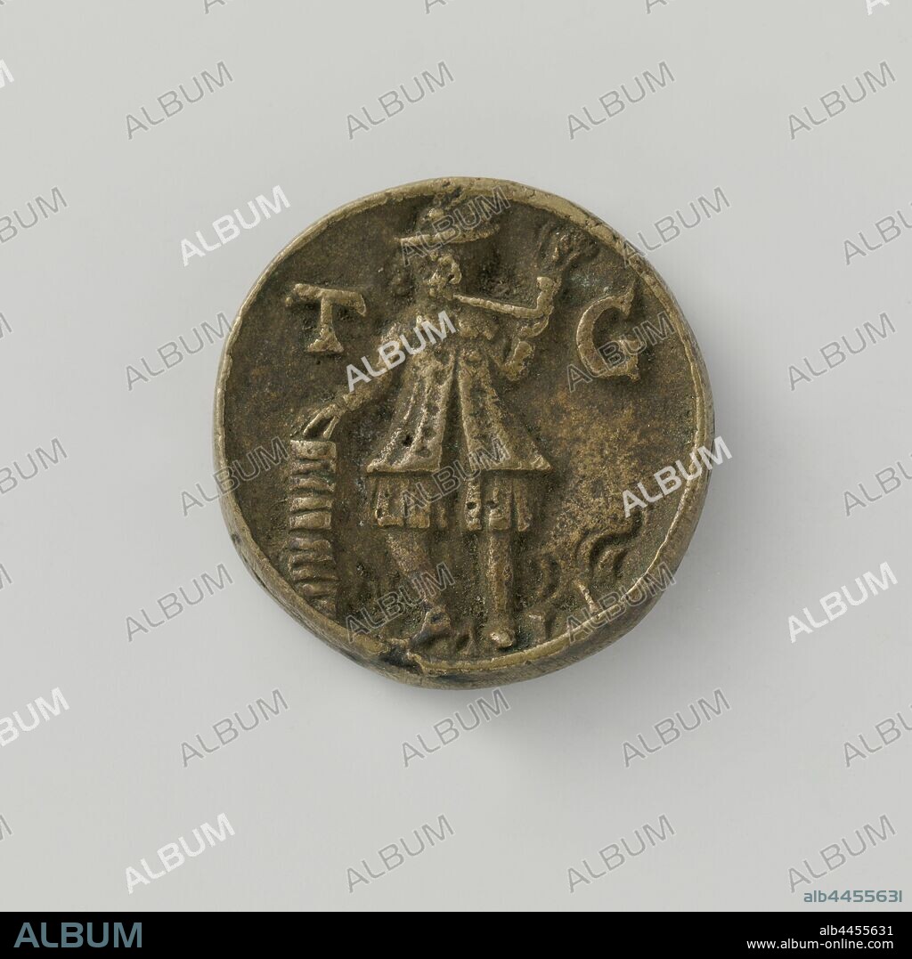 Tobacco vendor's guild from Aardenburg, guild token with no. 12, Brass medal. Front: pipe-smoking man with hat on head in jerkin and short wide pants supported with right hand on stack of tobacco rolls, on either side of man: letters T and G. Reverse: crowned balance above tobacco barrel between inscription no. 12, Aardenburg, Jan de Loedder, 1669, brass (alloy), engraving, d 3.4 cm × w 318 gr.