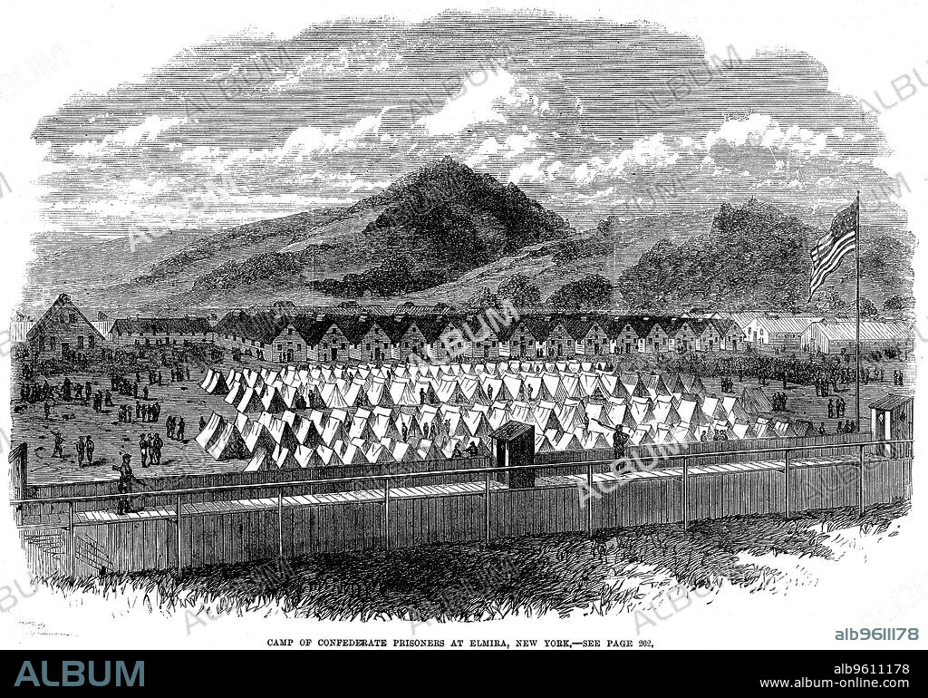Confederate prisoners in a prison camp at Elmira, New York State, American Civil War, 1865. About 10,000 men were held in huts and under canvas in an enclosure of about 20 acres. From The Illustrated London News, March 1865.