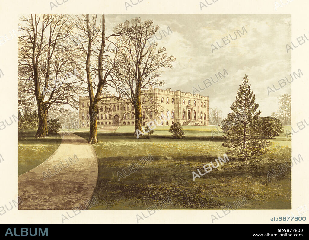 Kimbolton Castle, Huntingdonshire, England. 12th century castle rebuilt to designs by Sir John Vanbrugh in 1720 by Charles Edward Montagu, 1st Duke of Manchester. William Montagu, 5th Duke, was Governor of Jamaica and a slave owner (7 enslaved). Colour woodblock by Benjamin Fawcett in the Baxter process of an illustration by Alexander Francis Lydon from Reverend Francis Orpen Morriss Picturesque Views of the Seats of Noblemen and Gentlemen of Great Britain and Ireland, William Mackenzie, London, 1880.
