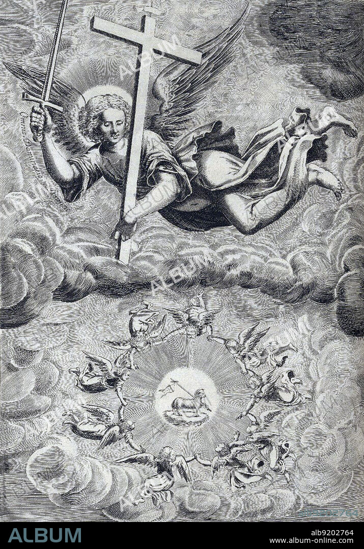 The most influential Christian angelic hierarchy was that put forward by Pseudo-Dionysius the Areopagite (4th or 5th century) in his book De Coelesti Hierarchia (On the Celestial Hierarchy). He created a schema of three hierarchies (spheres or triads of angels), with each hierarchy containing three orders or choirs. Angels of the second sphere work as heavenly governors. The Dominations (Dominions or Hashmallim) regulate the duties of lower angels and rarely make themselves physically known to humans. They are also the angels who preside over nations. The Dominions are believed to look like divinely beautiful humans with a pair of feathered wings, much like the common representation of angels, but they may be distinguished from other groups by wielding orbs of light fastened to the heads of their scepters or on the pommel of their swords. Taken from "The Hierarchy of the Blessed Angels. Their names, orders and offices the fall of Lucifer with his angels" by Thomas Heywood. Copper-plate engravings by Adam Islip, 1635.
