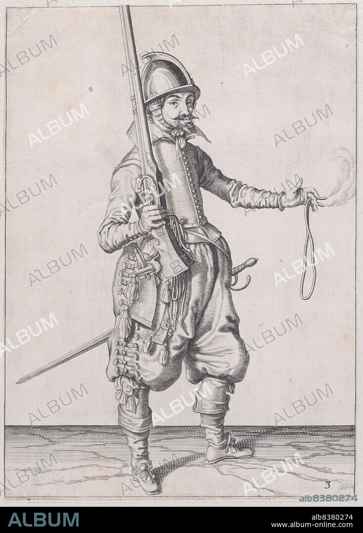 ROBERT WILLEMSZ DE BAUDOUS. A soldier holding up his caliver in his right hand and extending his left to receive it, from the Marksmen series, plate 3, in Waffenhandlung von den Rören Musquetten undt Spiessen / Wapenhandelinghe van Roers Musquetten Ende Spiessen (The Exercise of Arms), published 1608.