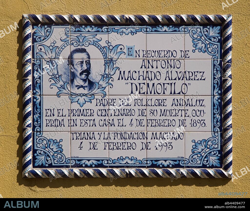 Glazed tile plaque -in memory of Demofilo, Sevilla, Region of Andalusia, Spain, Europe.