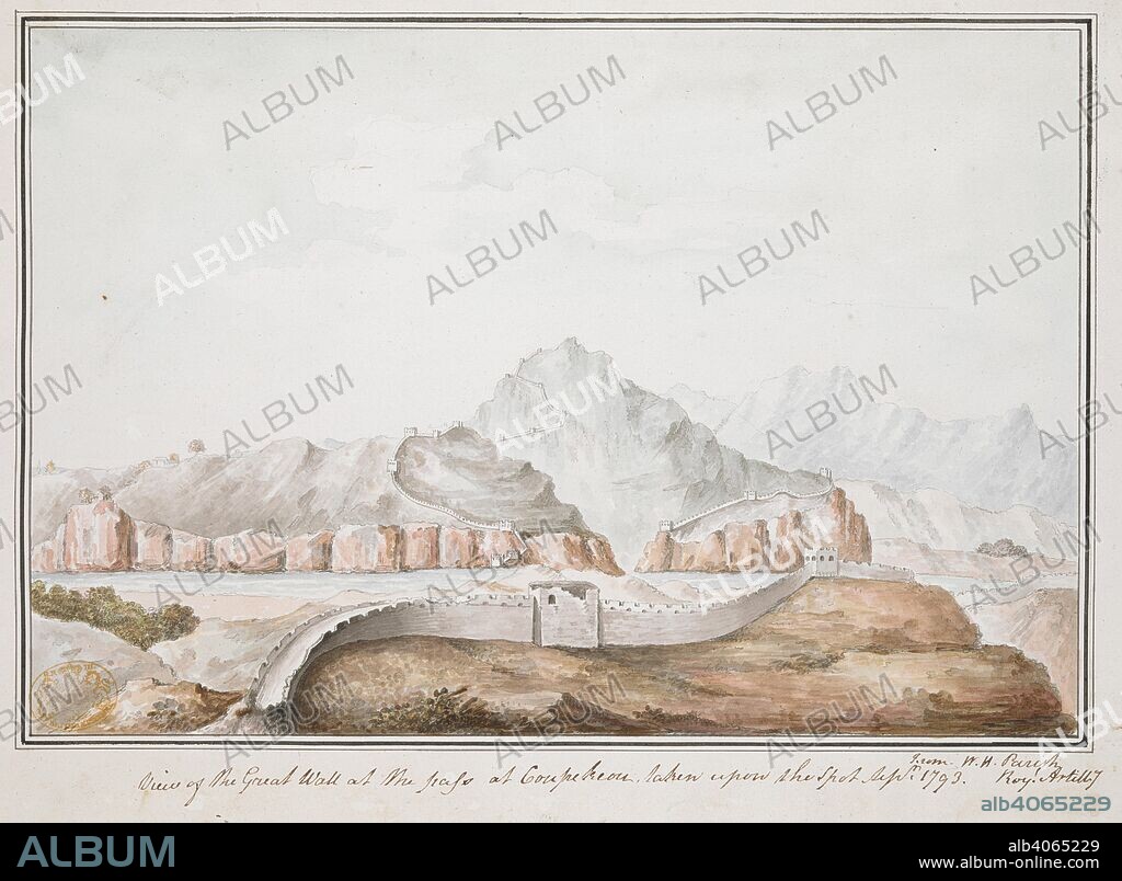 WILLIAM HENRY PARISH. View of the Great Wall at the pass of Coupekeou : taken upon the spot Sept.r 1793. / H. W. Parish Roy. Artill.y. . A collection of eighty views, maps, portraits and drawings illustrative of the Embassy sent to China under George, Earl of Macartney, in 1793; drawn chiefly by William Alexander, some by Sir John Barrow, Bart., some by Sir Henry Woodbine Parish, and one by William Gomm. Many of them are engraved in Sir George Staunton's Narrative of the Embassy, published in 1797. From a series of four drawings produced in the course of Lord Macartney's Embassy to China. Engraved in Staunton, Atlas No. 23. 1793. 1 drawing : Ink and wash ; sheet 23.3 x 36.5 cm. Source: Maps 8 TAB.c.8.75.c.